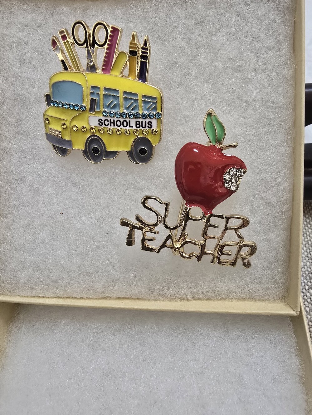 Beautiful Super Teacher Gold Toned Brooches. Great Gifts With Box.